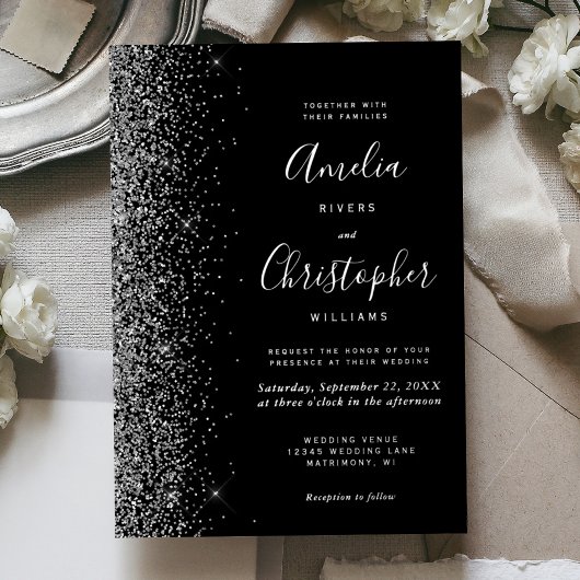Modern Black Silver Glitter Edge Wedding Folie Uitnodiging