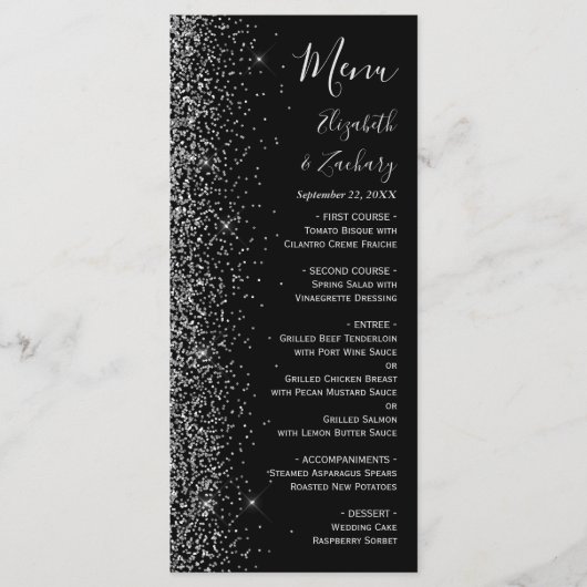 Modern Black Silver Glitter Edge Wedding Menu (Voorkant)