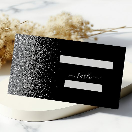 Modern Black Silver Glitter Edge Wedding Plaatskaartje