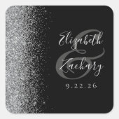 Modern Black Silver Glitter Edge Wedding Vierkante Sticker (Voorkant)