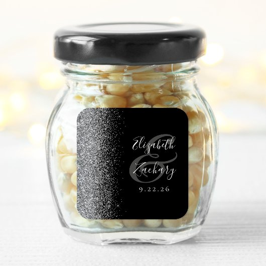 Modern Black Silver Glitter Edge Wedding Vierkante Sticker