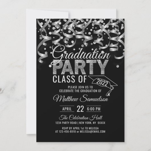 Modern Black Silver Glitter GRADUATION Party Invit Kaart (Voorkant)