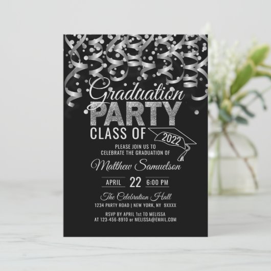 Modern Black Silver Glitter GRADUATION Party Invit Kaart (Staand voorkant)