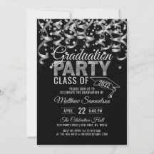 Modern Black Silver Glitter GRADUATION Party Invit