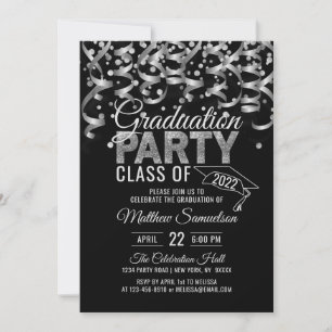 Modern Black Silver Glitter GRADUATION Party Invit Kaart