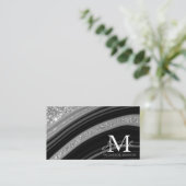 Modern Black Silver Glitter Marble Agate Monogram Visitekaartje (Staand voorkant)