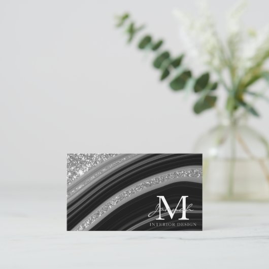 Modern Black Silver Glitter Marble Agate Monogram Visitekaartje (Staand voorkant)