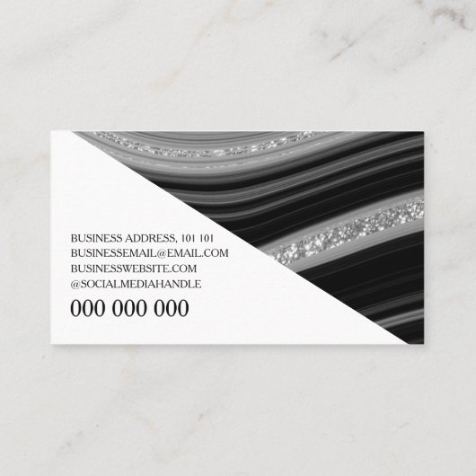 Modern Black Silver Glitter Marble Agate Monogram Visitekaartje (Achterkant)