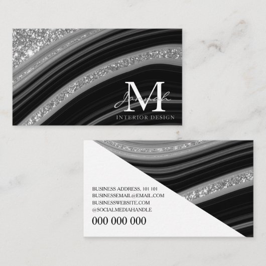 Modern Black Silver Glitter Marble Agate Monogram Visitekaartje (Voorkant / Achterkant)