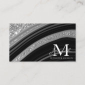 Modern Black Silver Glitter Marble Agate Monogram Visitekaartje (Voorkant)