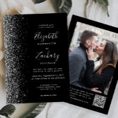 Modern Black Silver Glitter Photo QR Code Wedding Kaart