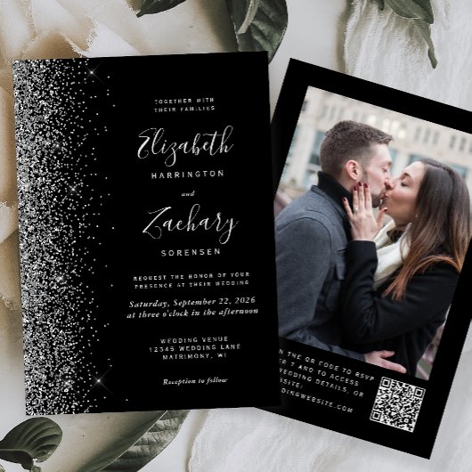 Modern Black Silver Glitter Photo QR Code Wedding Kaart