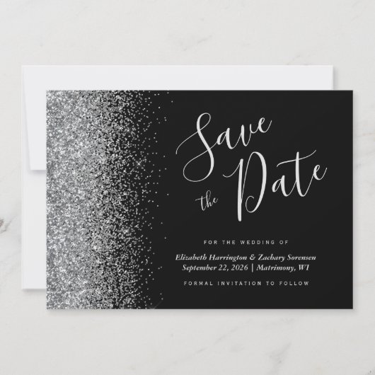 Modern Black Silver Glitter Save the Date Kaart (Voorkant)