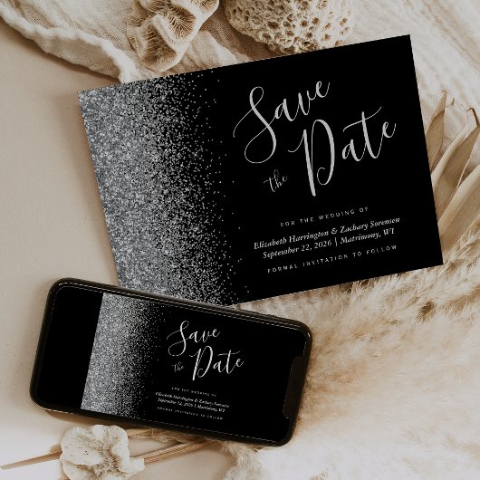 Modern Black Silver Glitter Save the Date Kaart