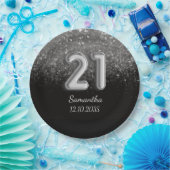 Modern Black Silver Glitter Sparkle 21 Birthday Papieren Bordje (Feest)