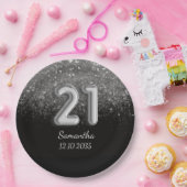 Modern Black Silver Glitter Sparkle 21 Birthday Papieren Bordje (Feest)
