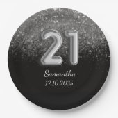 Modern Black Silver Glitter Sparkle 21 Birthday Papieren Bordje (Voorkant)