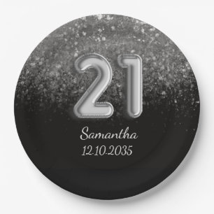 Modern Black Silver Glitter Sparkle 21 Birthday Papieren Bordje