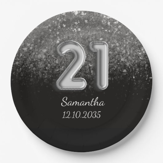 Modern Black Silver Glitter Sparkle 21 Birthday Papieren Bordje (Voorkant)