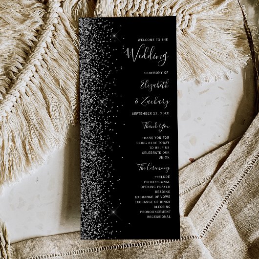 Modern Black Silver Glitter Wedding Programme