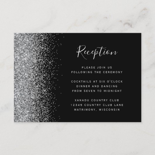 Modern Black Silver Glitter Wedding Reception Informatiekaartje (Voorkant)