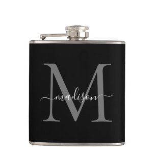 Modern Black Silver Grey Monogram Script Name Heupfles