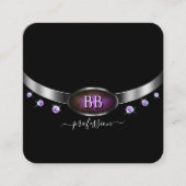 Modern Black Silver Paars met Monogram Diamonds Vierkante Visitekaartje (Voorkant)