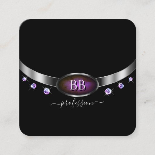 Modern Black Silver Paars met Monogram Diamonds Vierkante Visitekaartje (Voorkant)