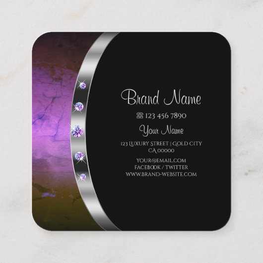 Modern Black Silver Paars met Monogram Diamonds Vierkante Visitekaartje (Achterkant)