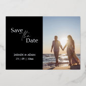Modern Black Silver Photo Wedding Save the Date Folie Uitnodiging (Voorkant)