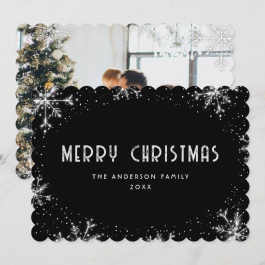 Modern Black Silver Snowflake Photo Christmas Card Feestdagenkaart (Voorkant / Achterkant)