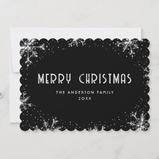 Modern Black Silver Snowflake Snow Christmas Card Feestdagenkaart (Voorkant)