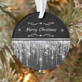 Modern Black Silver Sparkle Script Family Business Ornament