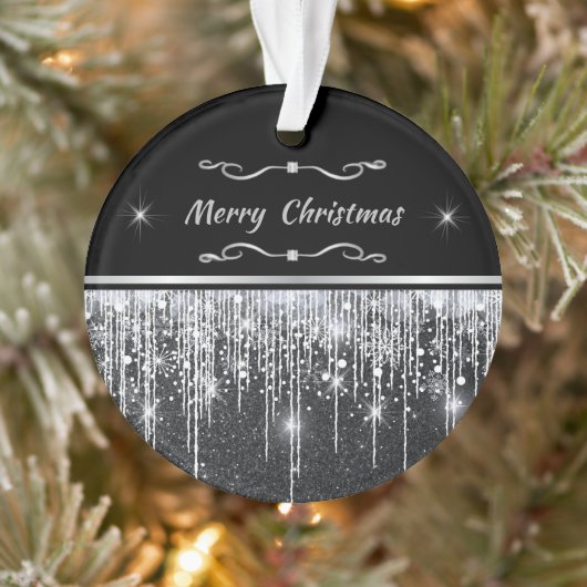 Modern Black Silver Sparkle Script Family Business Ornament (Boom)