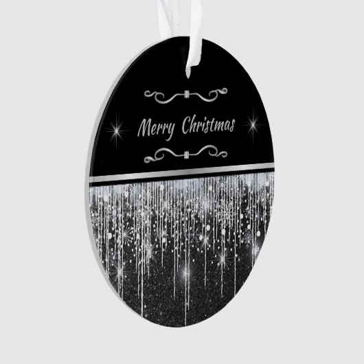 Modern Black Silver Sparkle Script Family Business Ornament (voorkant)
