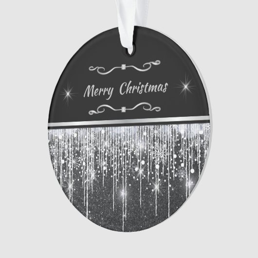 Modern Black Silver Sparkle Script Family Business Ornament (voorkant)