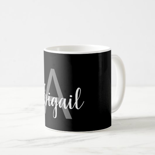 Modern Black Silver Stylish Monogram Name Koffiemok (Voorkant rechts)