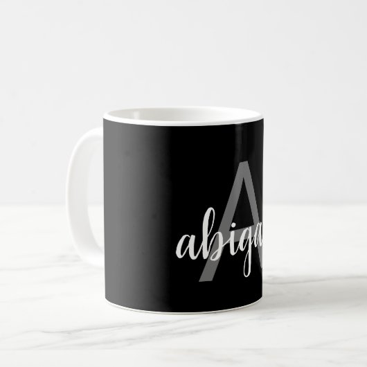 Modern Black Silver Stylish Monogram Name Koffiemok (Voorkant links)
