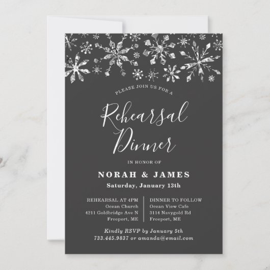 Modern Black Silver Winter Rehearsal Dinner Kaart (Voorkant)