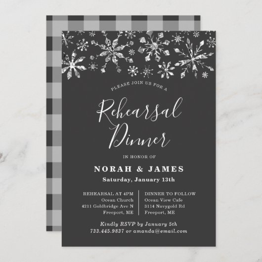 Modern Black Silver Winter Rehearsal Dinner Kaart (Voorkant / Achterkant)