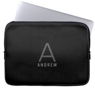 Modern Black Simple Monogram Initiaal Name Laptop Sleeve