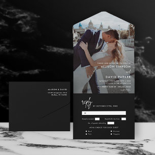 Modern Black Simple Wedding Photo All In One Uitnodiging