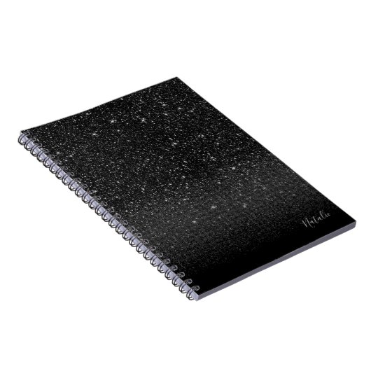 Modern Black Sparkle Glitter met naam Notitieboek (Rechterzijde)