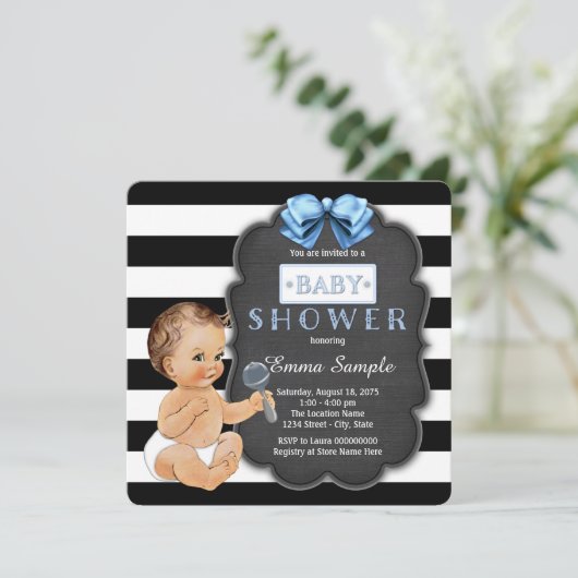 Modern Black Stripe Boys Krijtbord Baby shower Kaart (Staand voorkant)