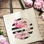 Modern Black Stripe Pink Flamingo Tote Bag