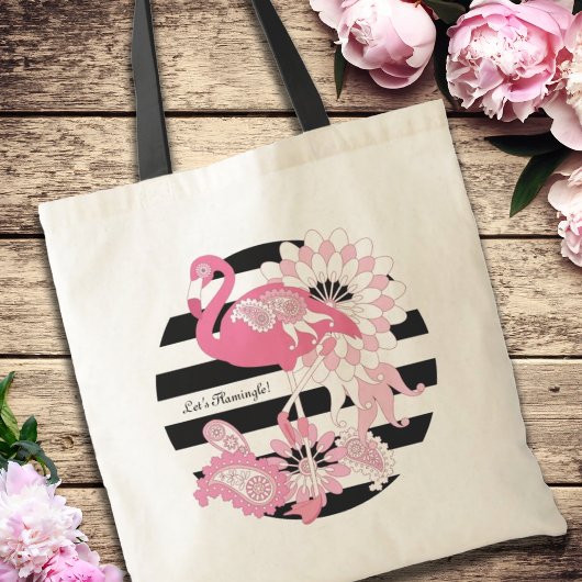 Modern Black Stripe Pink Flamingo Tote Bag