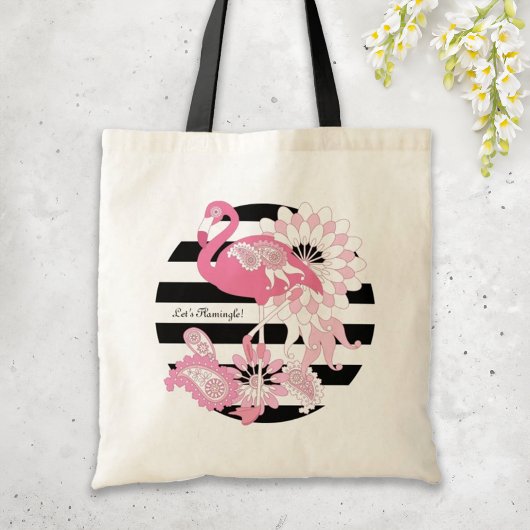 Modern Black Stripe Pink Flamingo Tote Bag