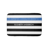 Modern Black Stripes FAUX Blue Glitz en naam Badmat (Voorkant)