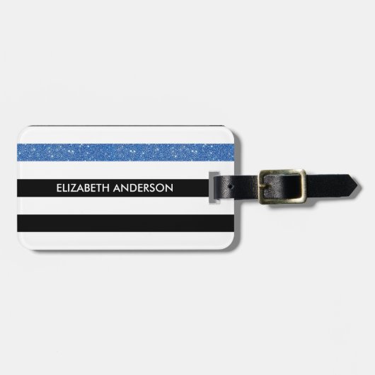Modern Black Stripes FAUX Blue Glitz en naam Bagagelabel (Voorkant horizontaal)