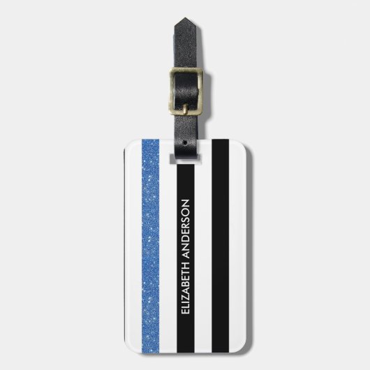 Modern Black Stripes FAUX Blue Glitz en naam Bagagelabel (Voorkant verticaal)